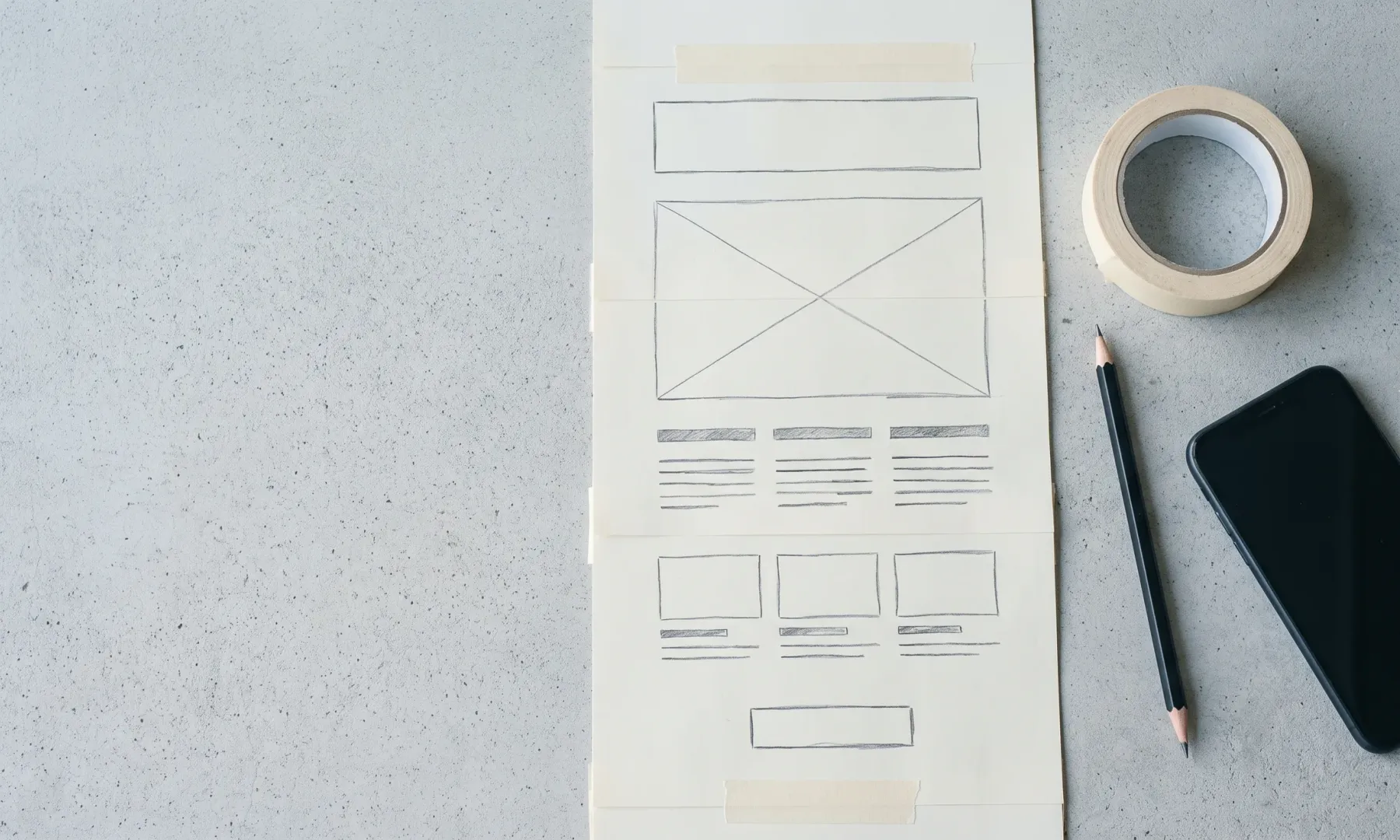 Длинная полоса бумаги с карандашным эскизом одностраничного сайта, скотч, карандаш и смартфон на бетонном столе